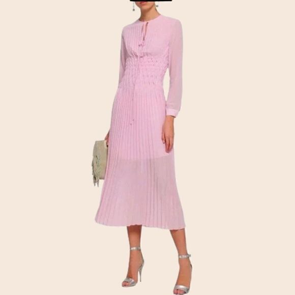 Maje Pink Pleated Geometric Chiffon Midi Dress Size 1 - Picture 1 of 16